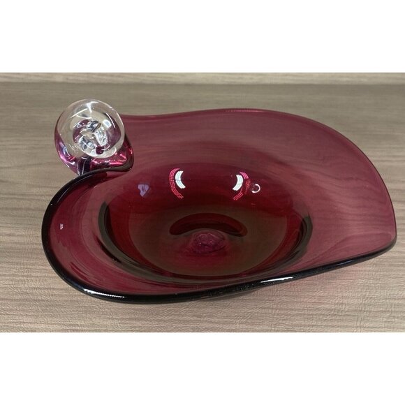 Pilgrim Cranberry Art Blown Glass Bowl Nappy Candy Dish Clear Spiral Handle - Picture 5 of 9